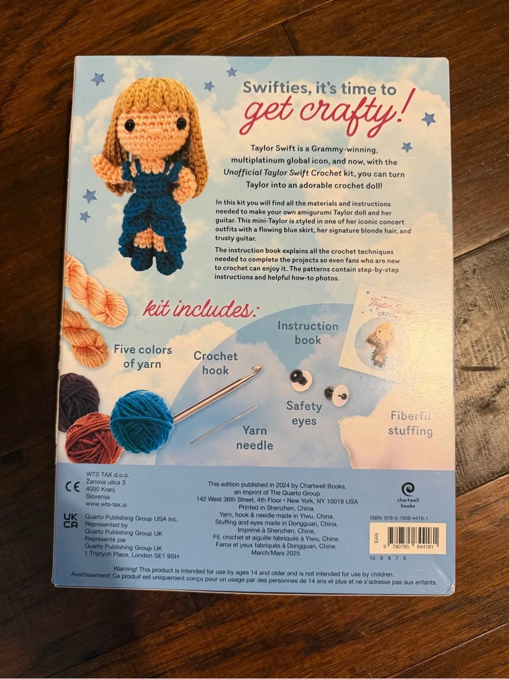 Taylor Swift Crochet Kit - Pink Box with Blue, Yellow, Brown Yarn
